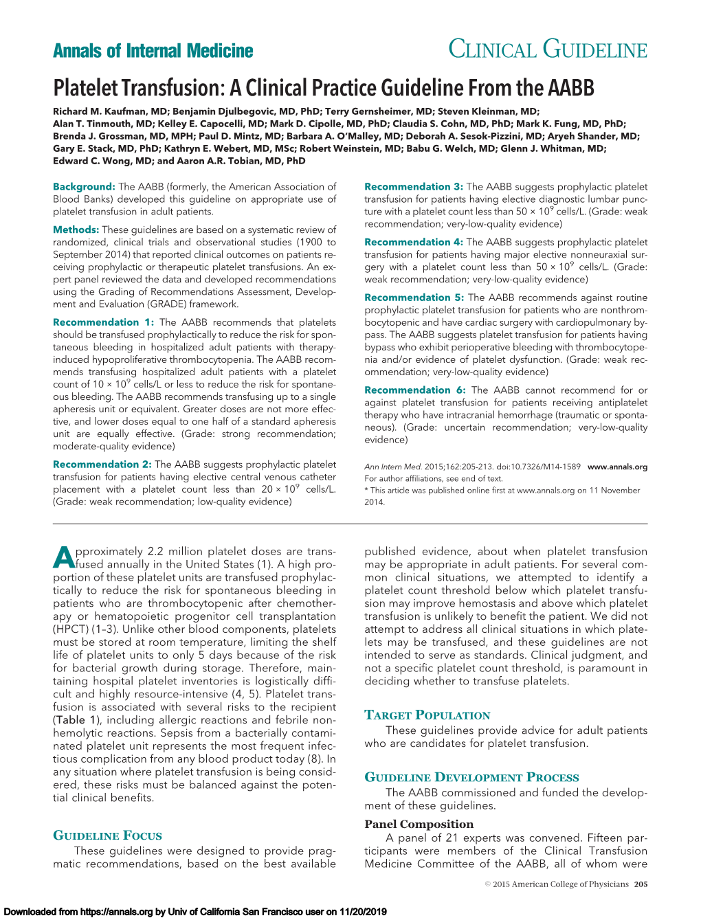 Platelet Transfusion: a Clinical Practice Guideline from the AABB Richard M