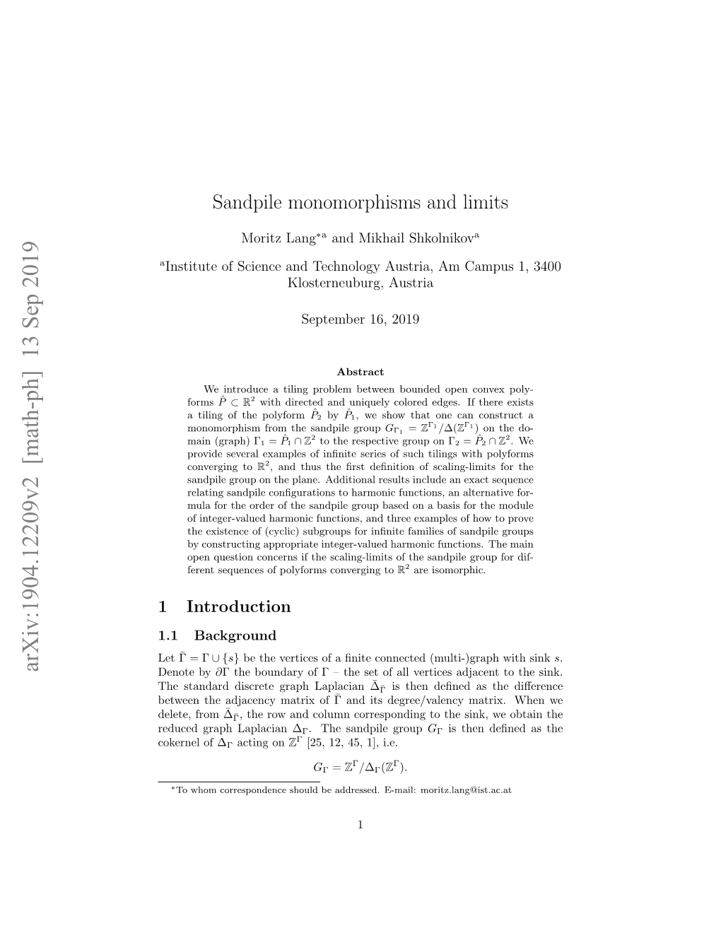 Arxiv:1904.12209V2 [Math-Ph] 13 Sep 2019 Denote by ∂Γ the Boundary of Γ – the Set of All Vertices Adjacent to the Sink