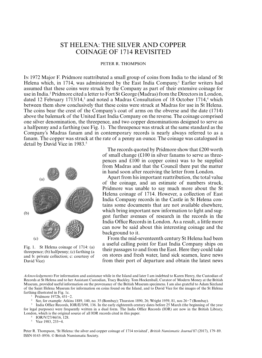 St Helena: the Silver and Copper Coinage of 1714 Revisited