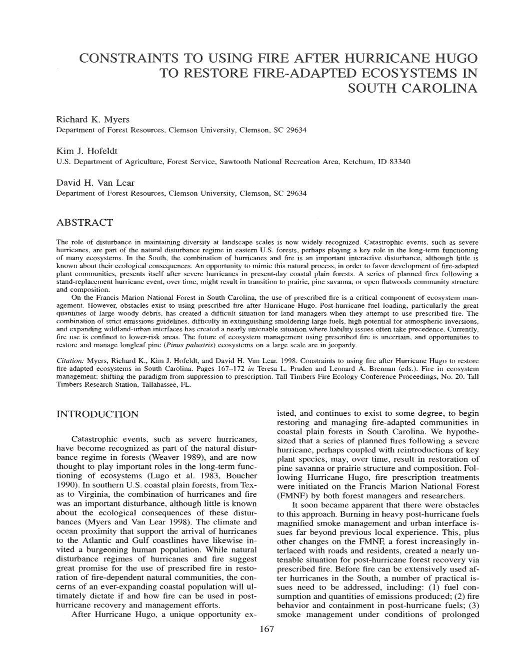 Constraints to Using Fire After Hurricane Hugo to Restore Fire-Adapted Ecosystems in South Carolina