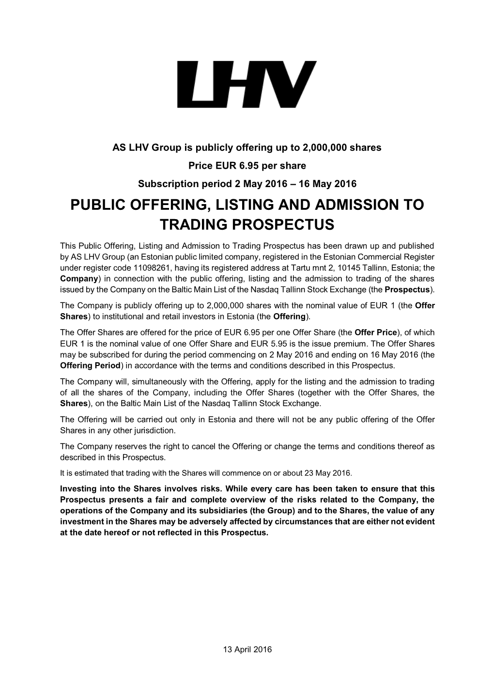 Public Offering, Listing and Admission to Trading Prospectus