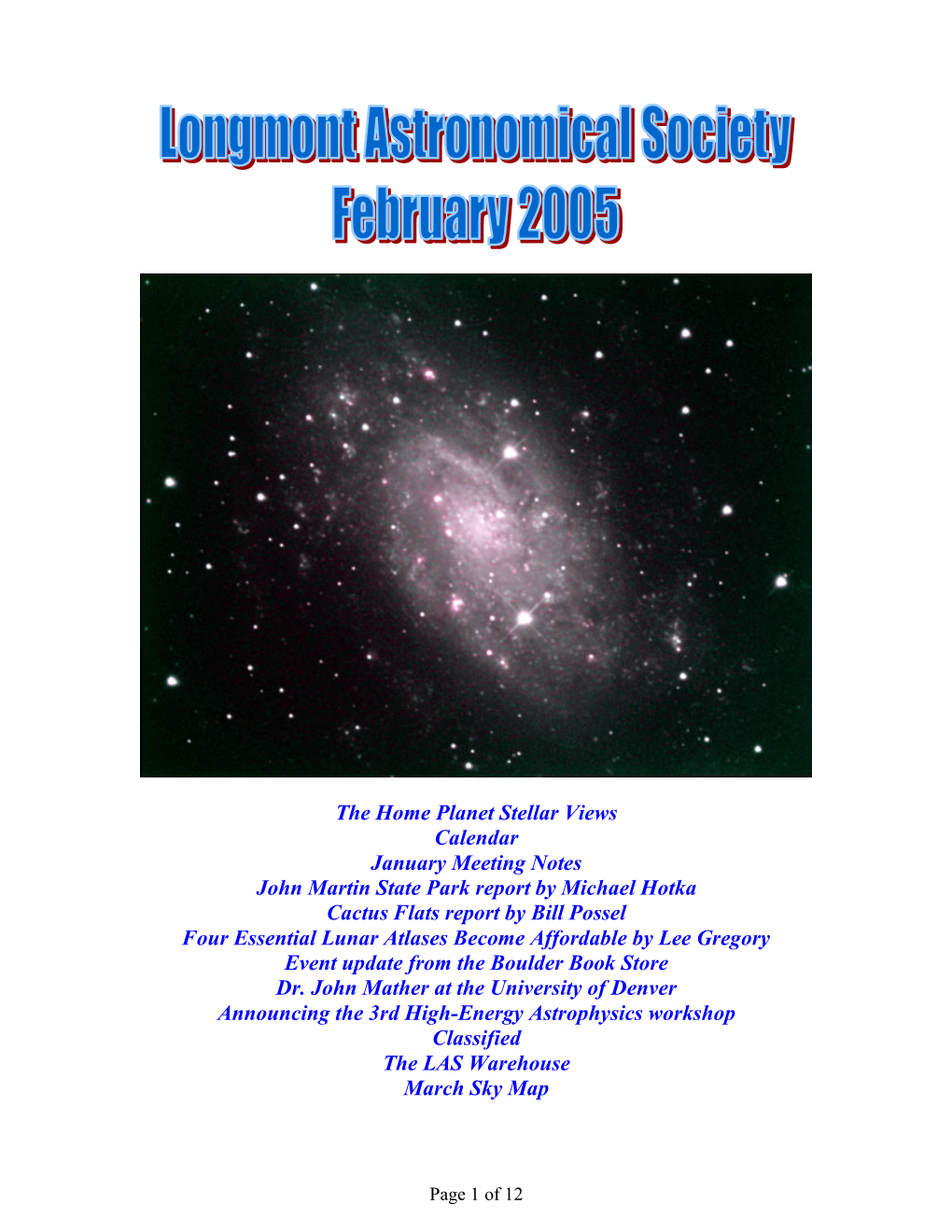 The Home Planet Stellar Views Calendar January Meeting Notes