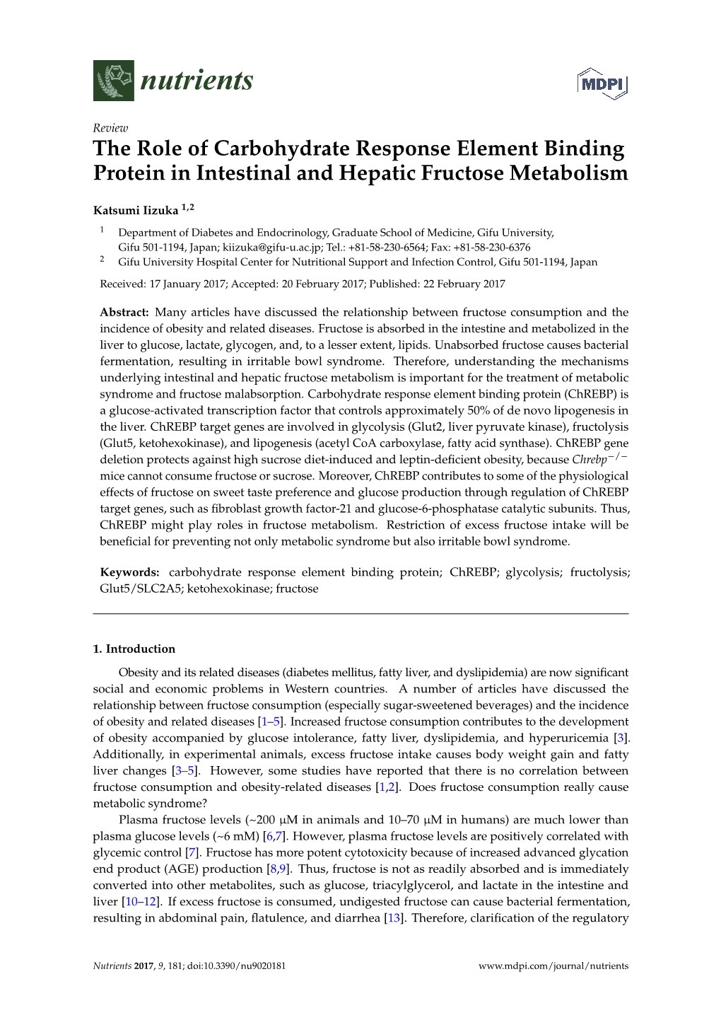 The Role of Carbohydrate Response Element Binding Protein in Intestinal and Hepatic Fructose Metabolism