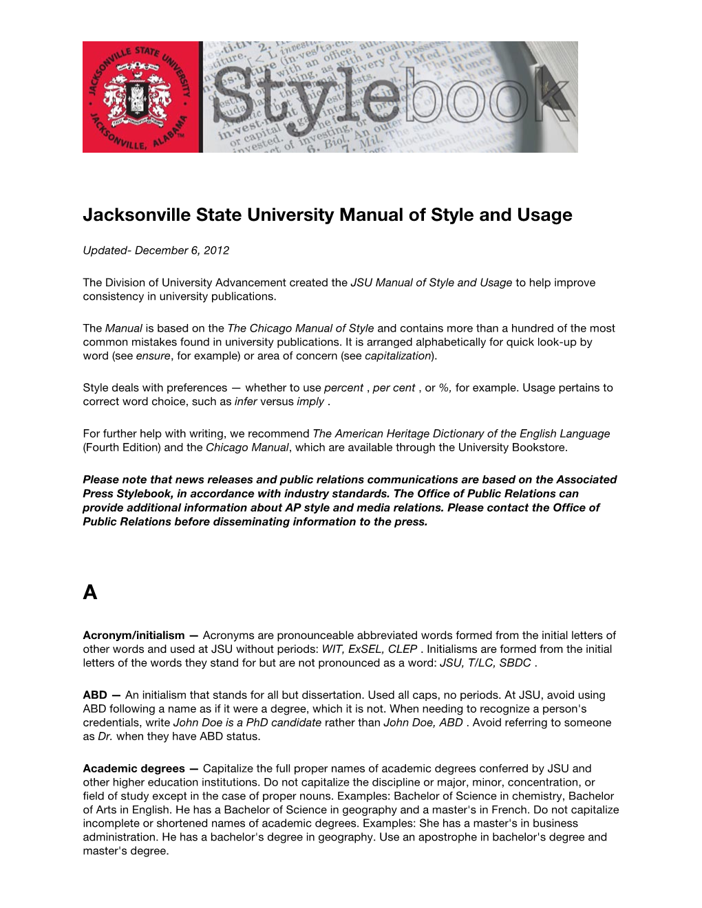 Jacksonville State University Manual of Style and Usage