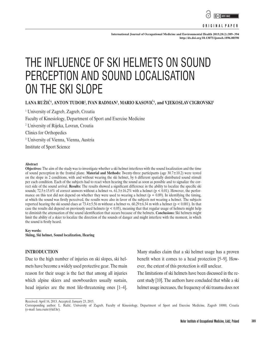 The Influence of Ski Helmets on Sound Perception And