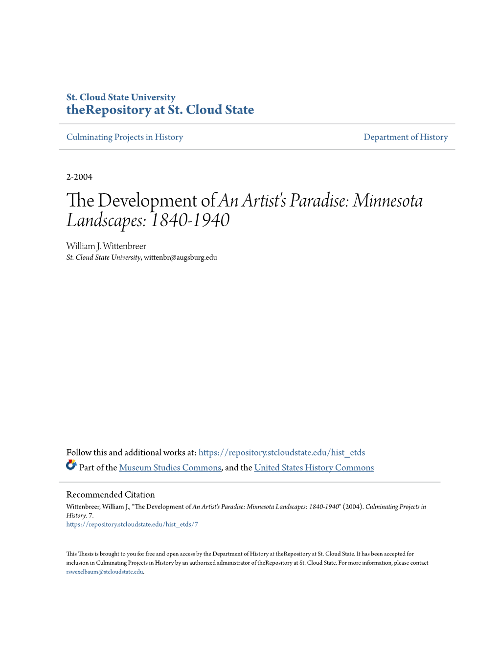 The Development of an Artist's Paradise: Minnesota Landscapes 1840-1940