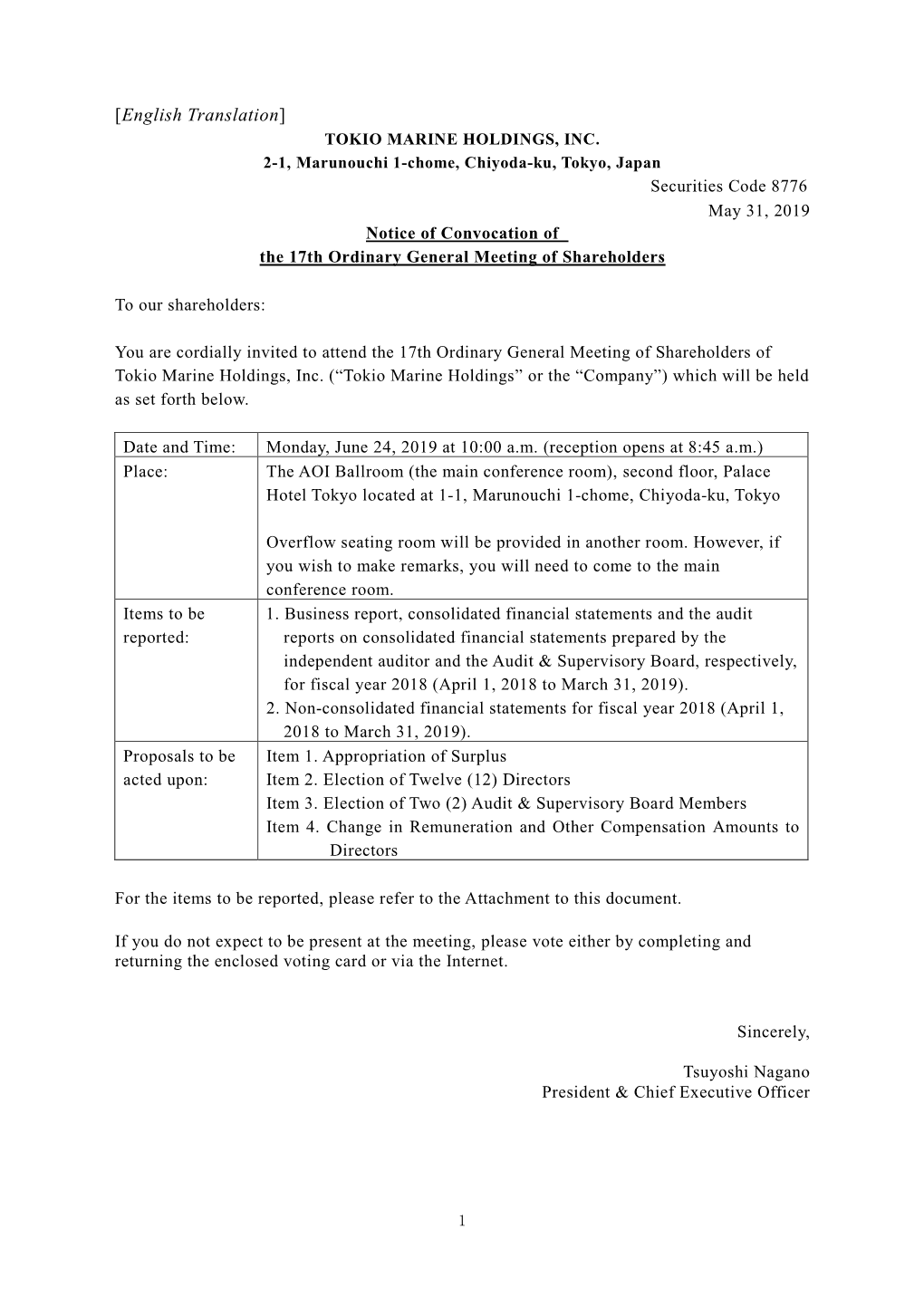 Notice of Convocation of the 17Th Ordinary General Meeting of Shareholders