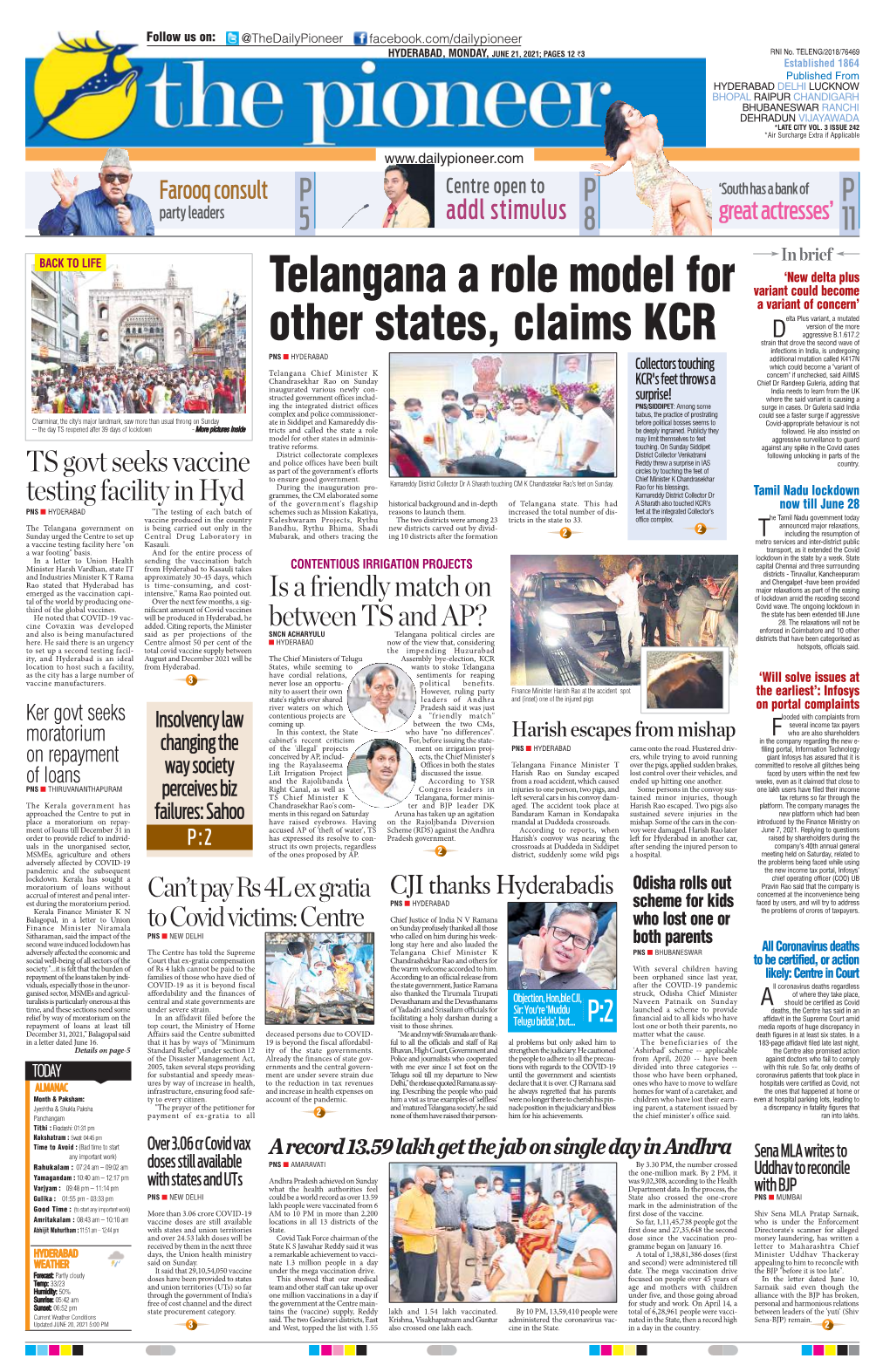 HYDERABAD, MONDAY, JUNE 21, 2021; PAGES 12 `3 RNI No