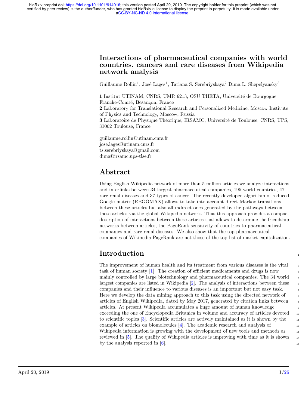 Interactions of Pharmaceutical Companies with World Countries, Cancers and Rare Diseases from Wikipedia Network Analysis