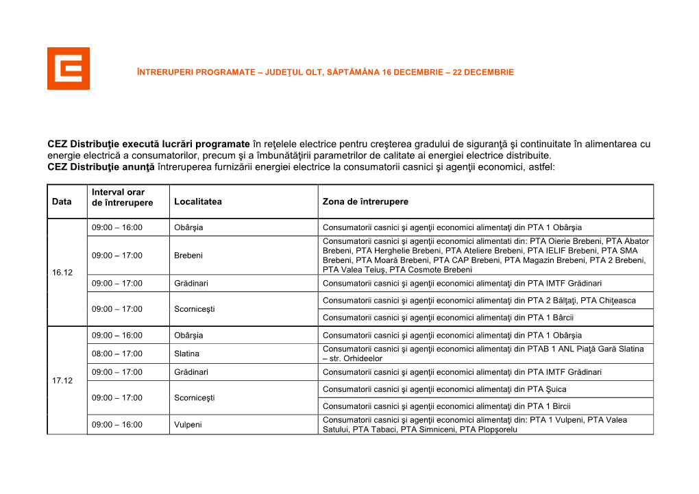 CEZ Distribuţie Execută Lucrări Programate În Reţelele Electrice