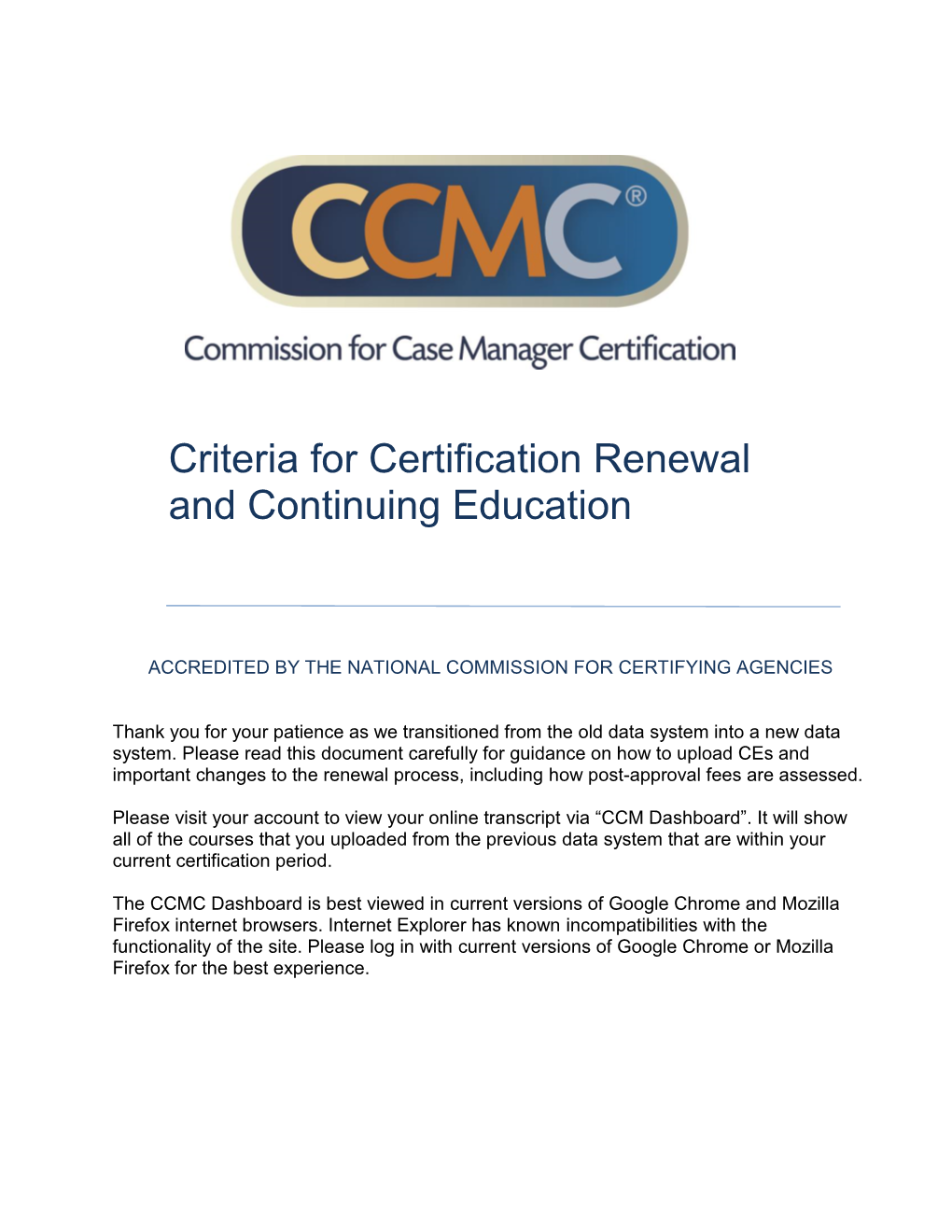 Criteria for Certification Renewal and Continuing Education