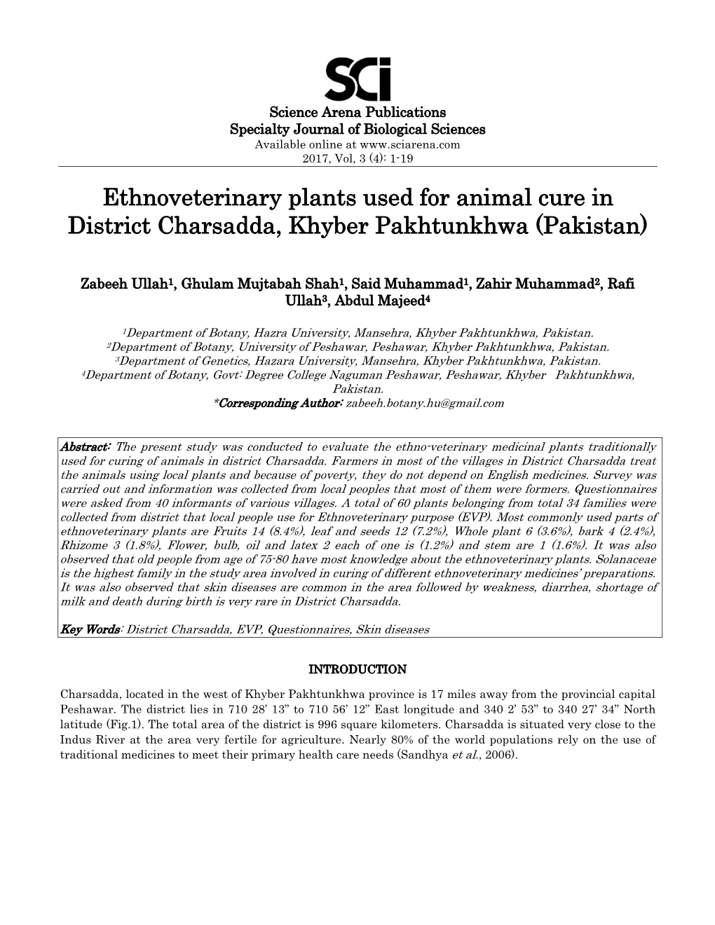 Ethnoveterinary Plants Used for Animal Cure in District Charsadda, Khyber Pakhtunkhwa (Pakistan)