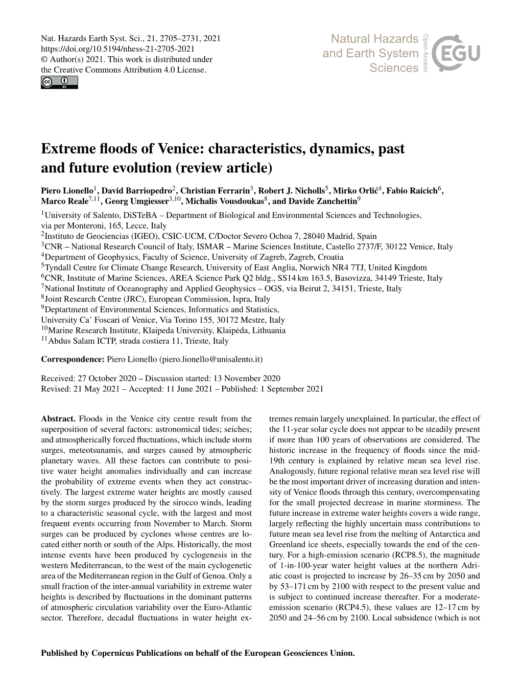 Extreme Floods of Venice: Characteristics, Dynamics