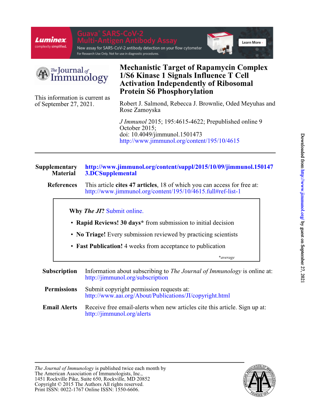 Protein S6 Phosphorylation Activation Independently of Ribosomal 1/S6 Kinase 1 Signals Influence T Cell Mechanistic Target of Ra