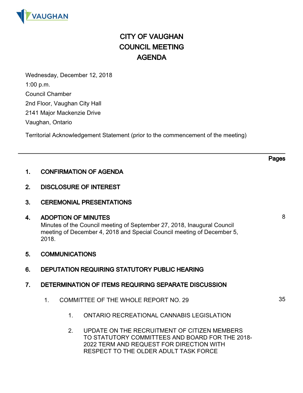 City of Vaughan Council Meeting Agenda