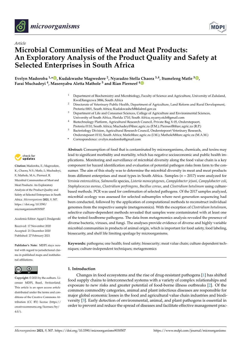 Microbial Communities of Meat and Meat Products: an Exploratory Analysis of the Product Quality and Safety at Selected Enterprises in South Africa