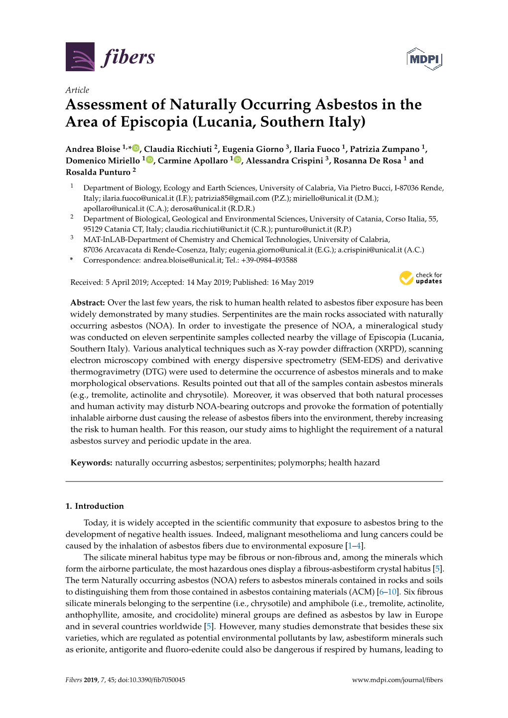 Assessment of Naturally Occurring Asbestos in the Area of Episcopia (Lucania, Southern Italy)