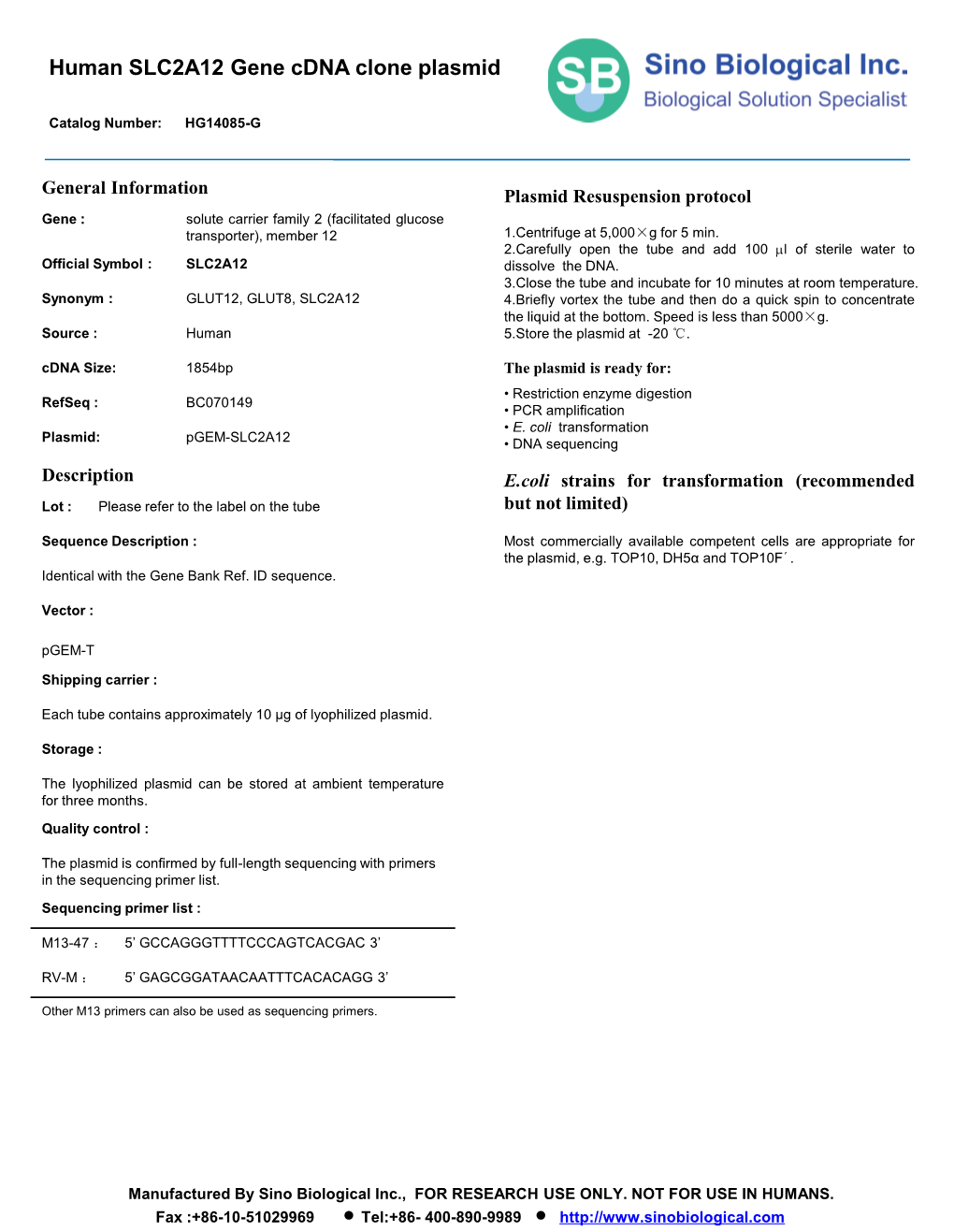 Human SLC2A12 Gene Cdna Clone Plasmid