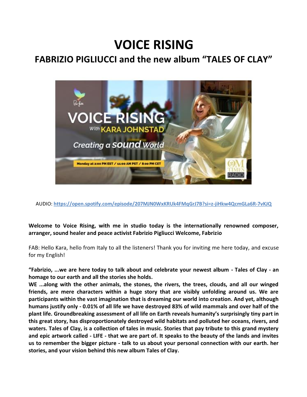 VOICE RISING FABRIZIO PIGLIUCCI and the New Album “TALES of CLAY”
