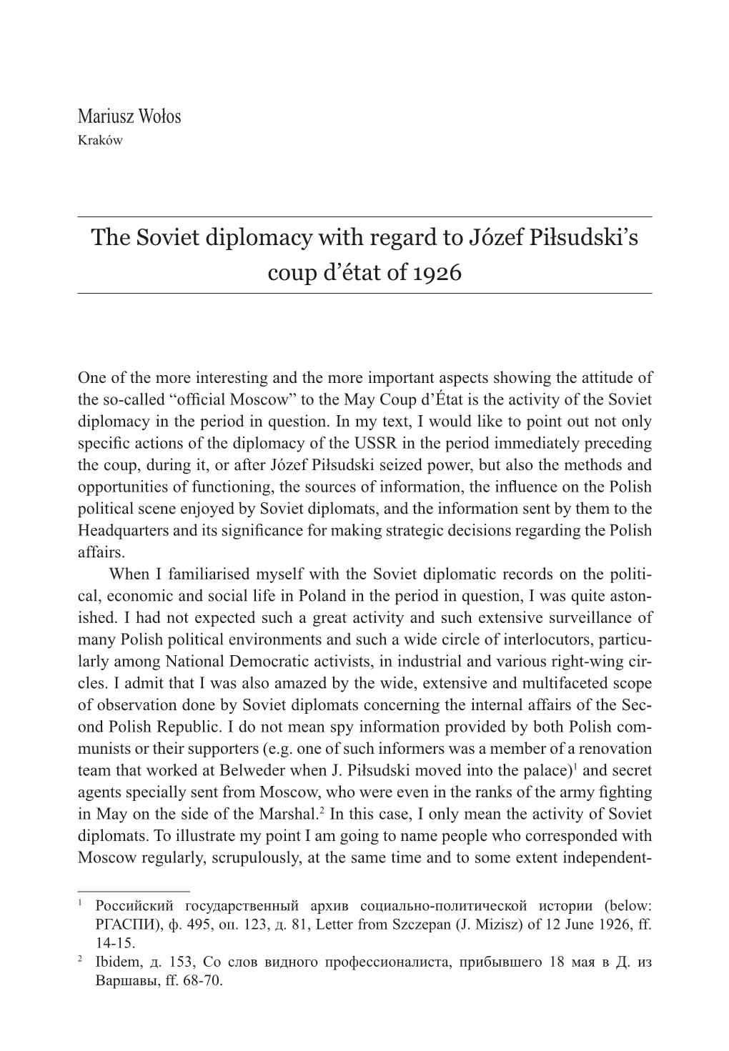 The Soviet Diplomacy with Regard to Józef Piłsudski's Coup D'état of 1926