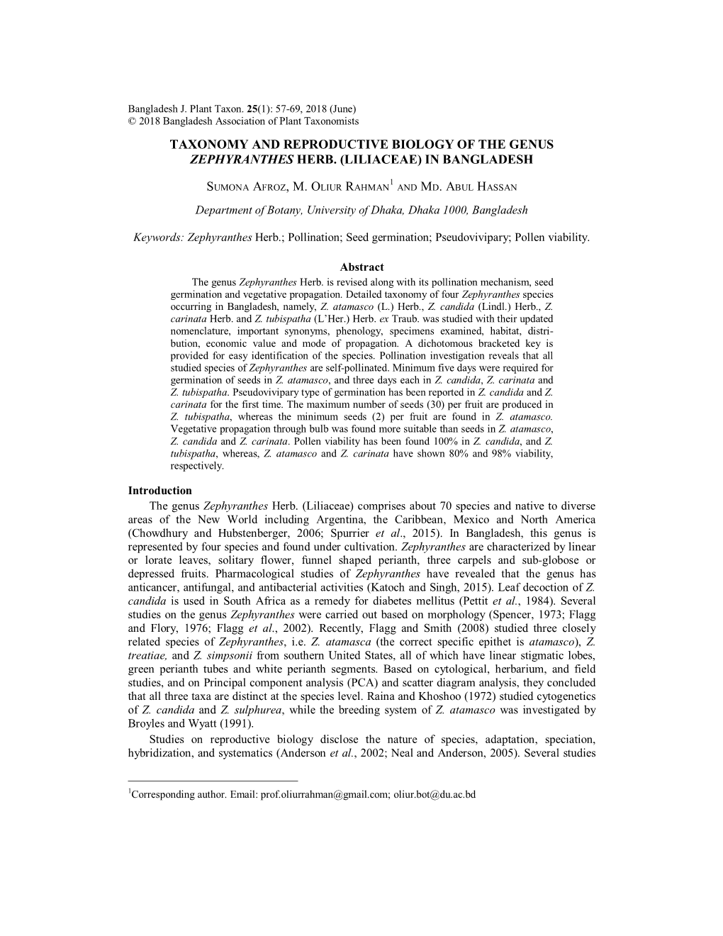 Taxonomy and Reproductive Biology of the Genus Zephyranthes Herb