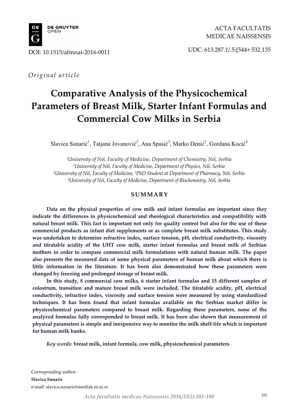 Comparative Analysis of the Physicochemical Parameters of Breast Milk, Starter Infant Formulas and Commercial Cow Milks in Serbia