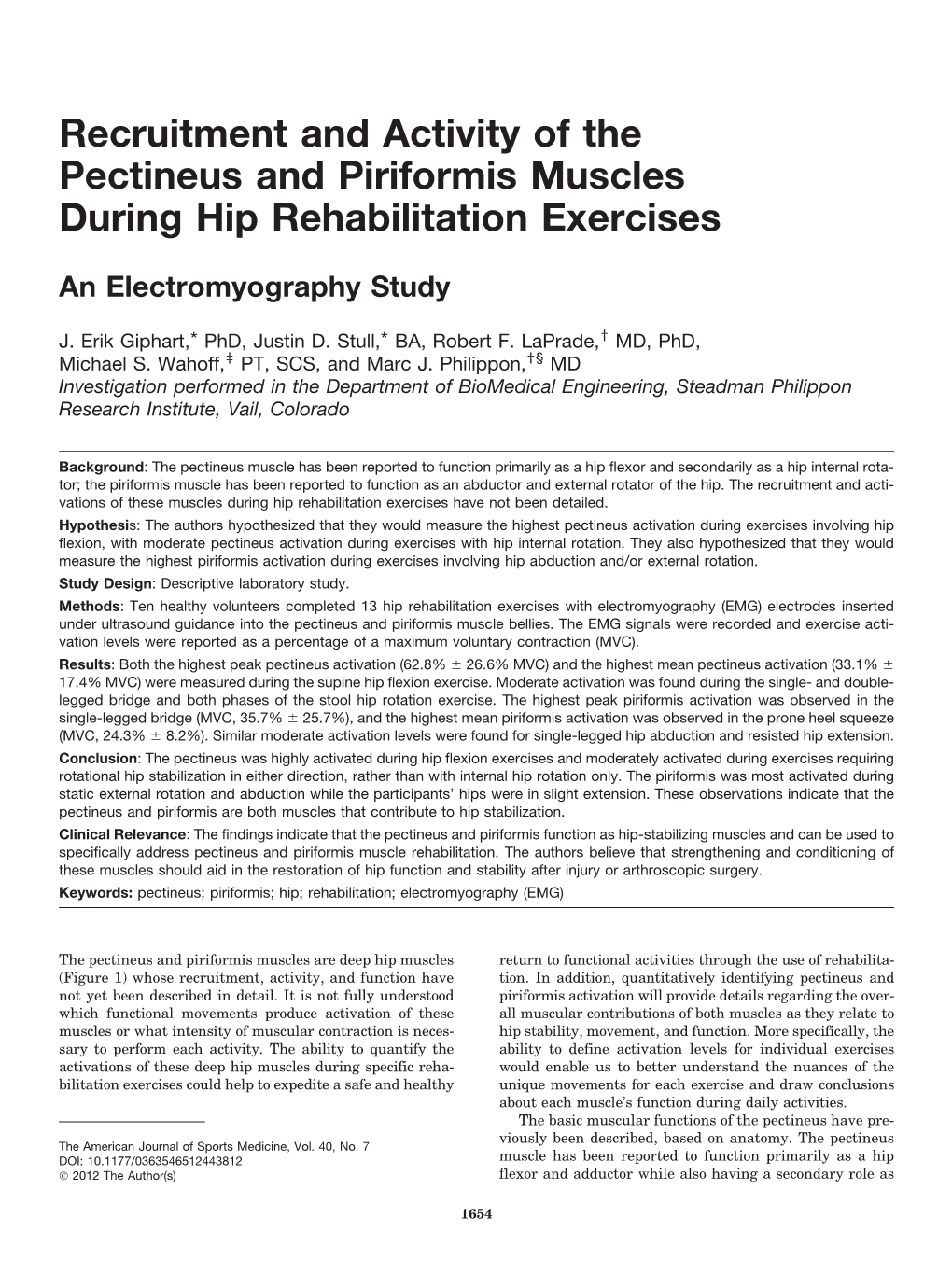 Recruitment and Activity of the Pectineus and Piriformis Muscles During Hip Rehabilitation Exercises