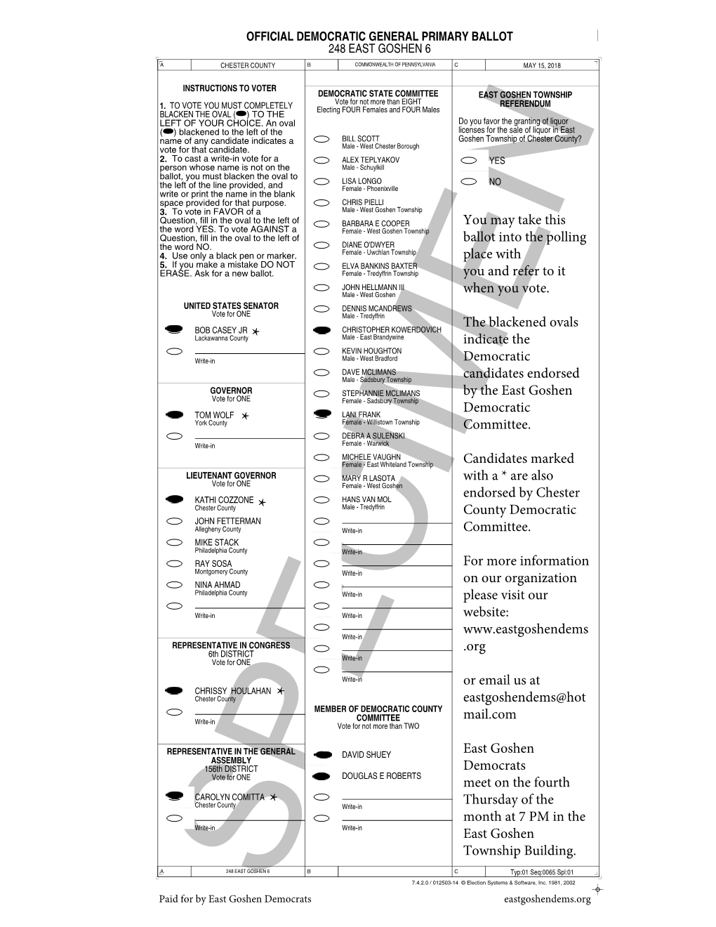 Official Democratic General Primary Ballot 248 East Goshen 6