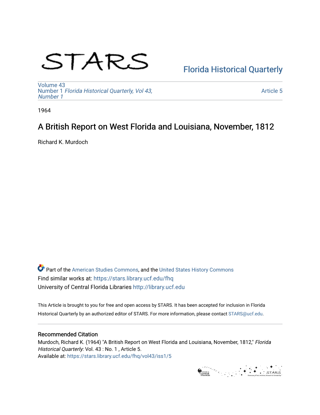 A British Report on West Florida and Louisiana, November, 1812