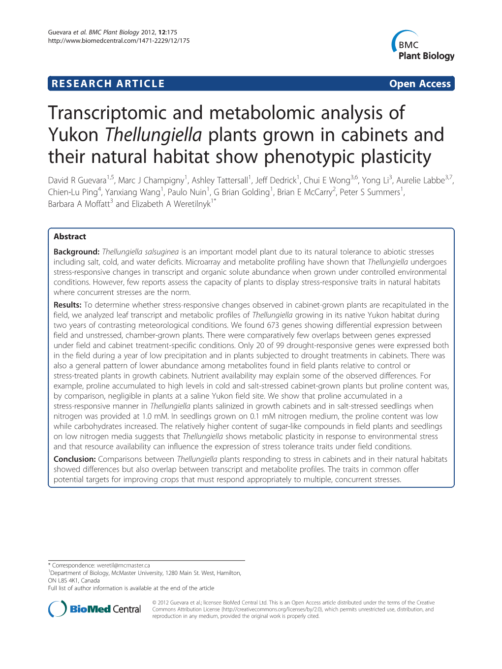 Transcriptomic and Metabolomic Analysis of Yukon Thellungiella