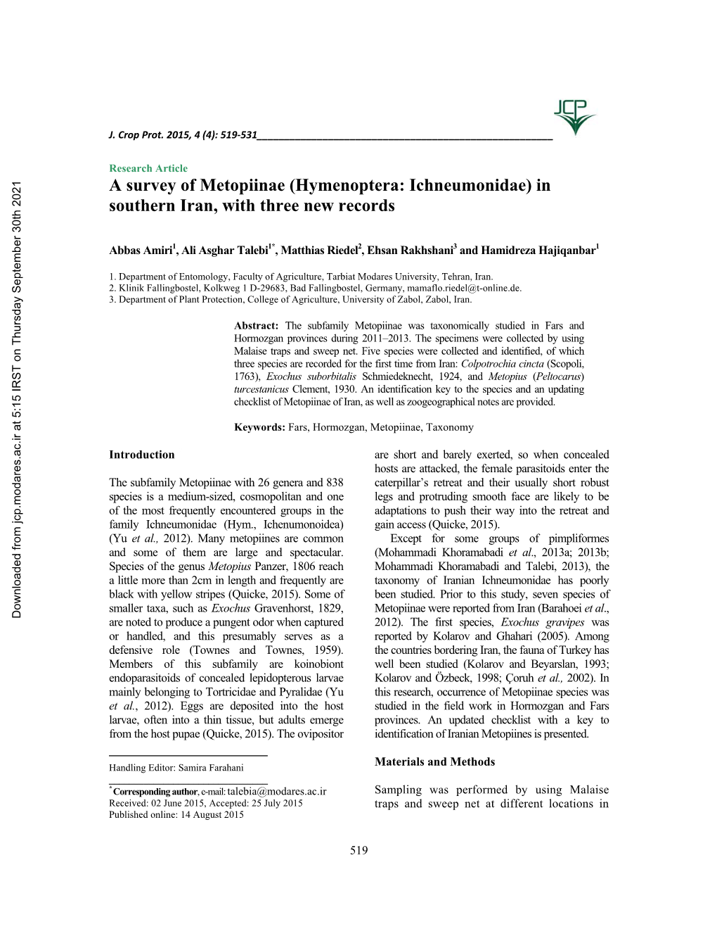 Hymenoptera: Ichneumonidae) in Southern Iran, with Three New Records