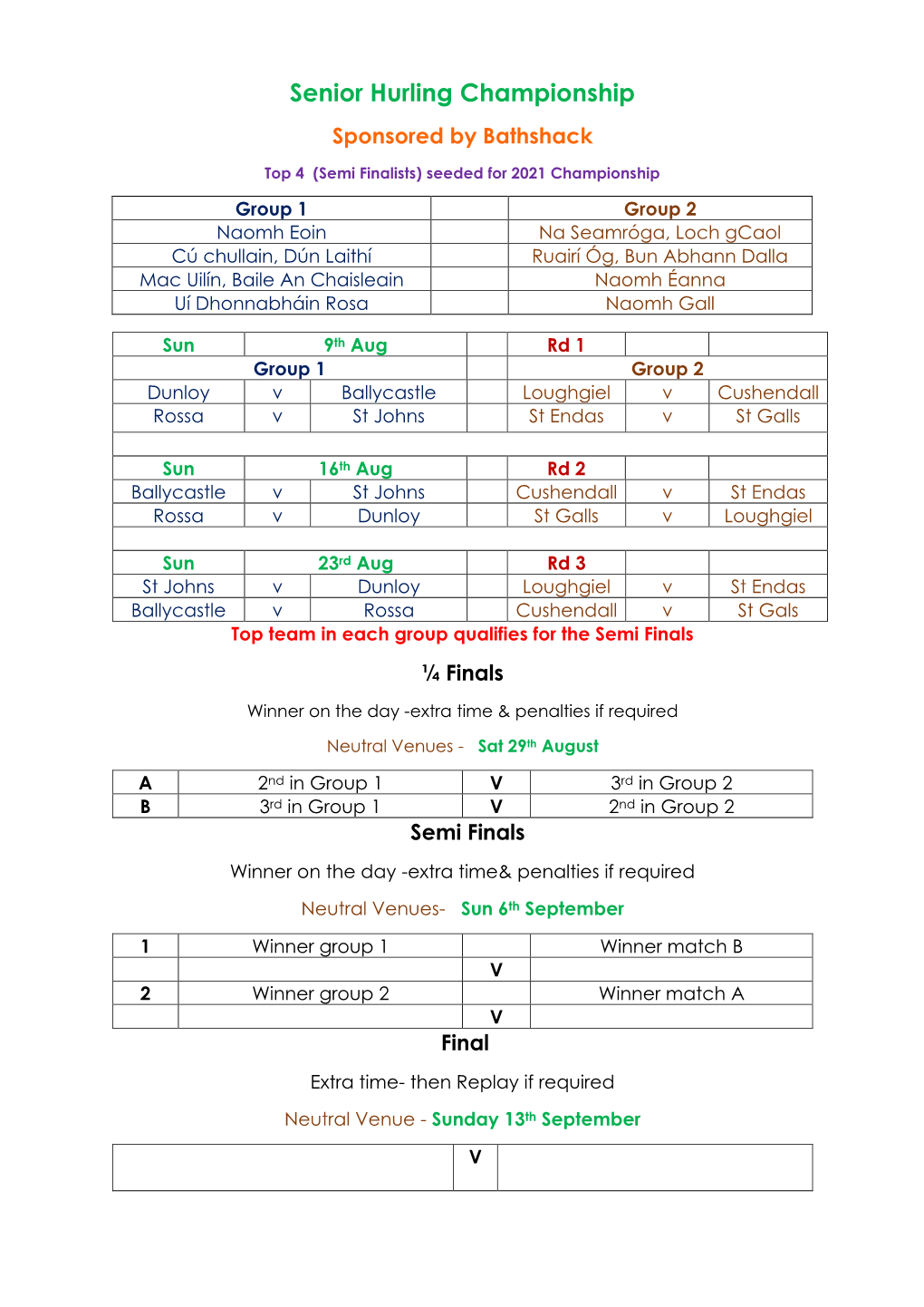 Senior Hurling Championship Sponsored by Bathshack