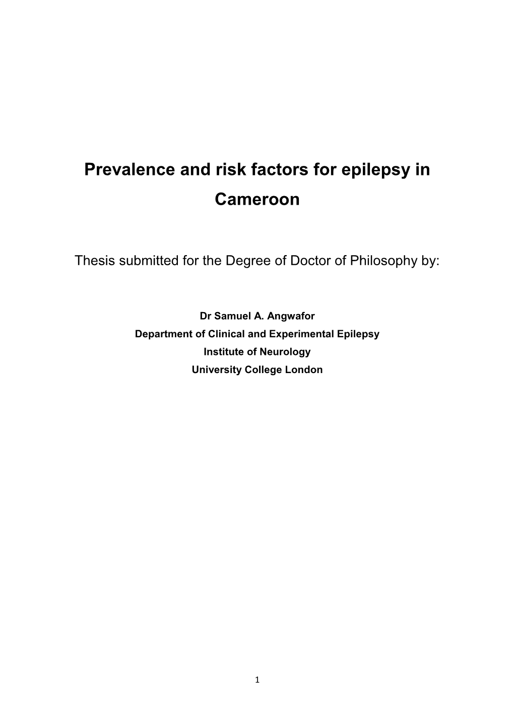 Prevalence and Risk Factors for Epilepsy in Cameroon