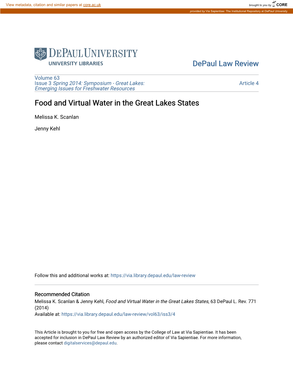 Food and Virtual Water in the Great Lakes States