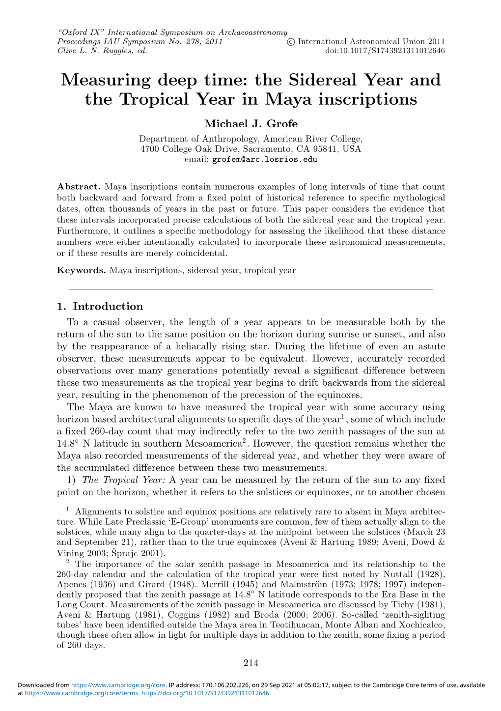 Measuring Deep Time: the Sidereal Year and the Tropical Year in Maya Inscriptions Michael J