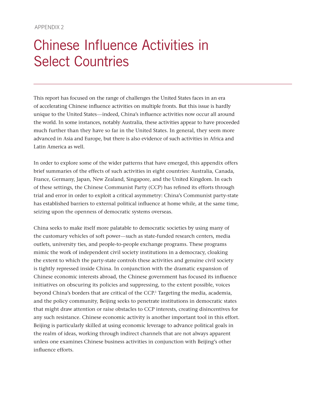 Chinese Influence Activities in Select Countries