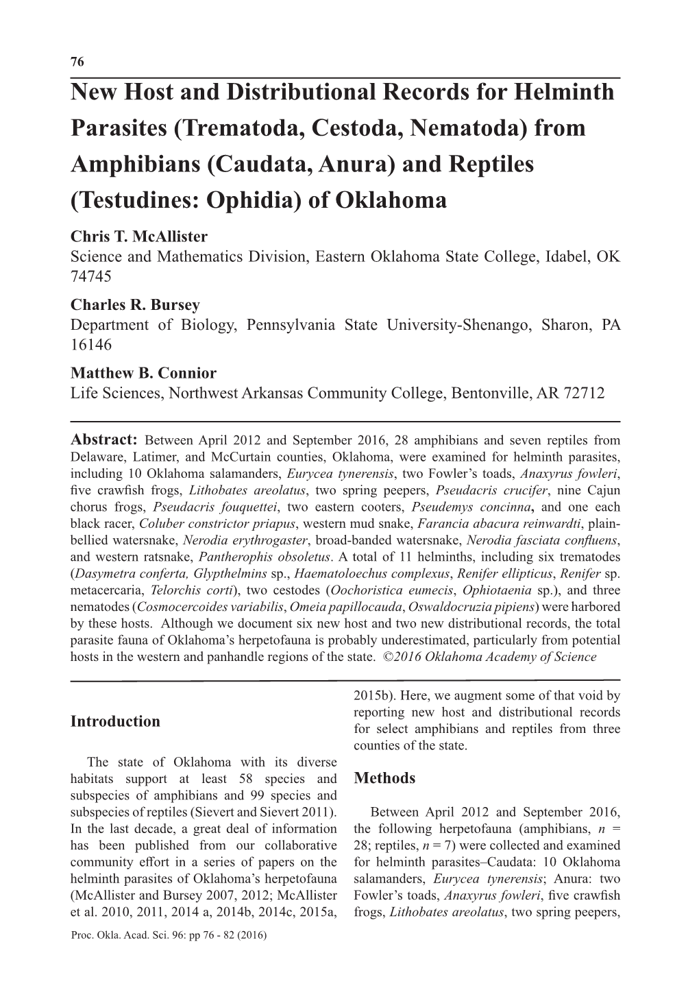 (Trematoda, Cestoda, Nematoda) from Amphibians (Caudata, Anura) and Reptiles (Testudines: Ophidia) of Oklahoma Chris T