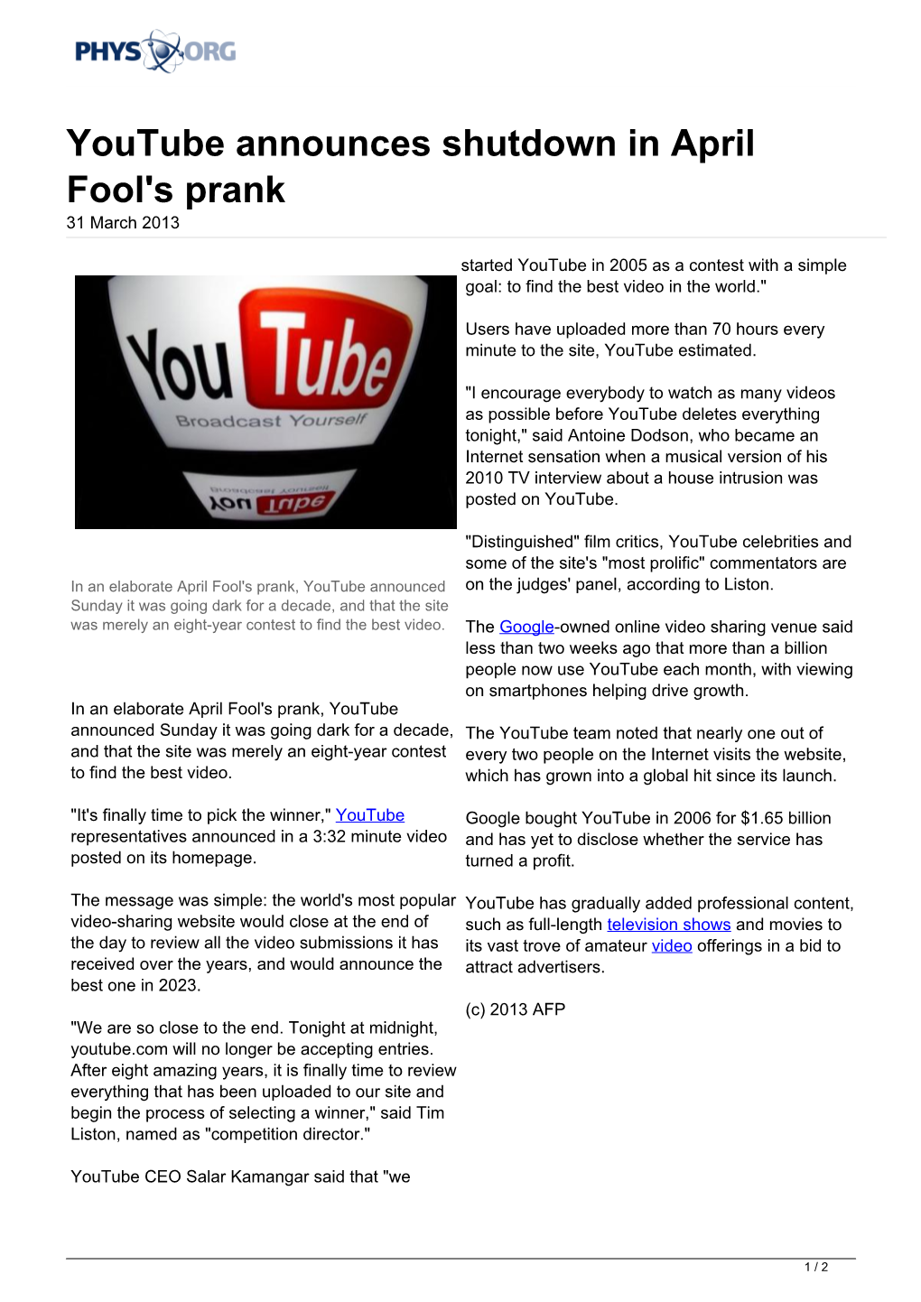 Youtube Announces Shutdown in April Fool's Prank 31 March 2013