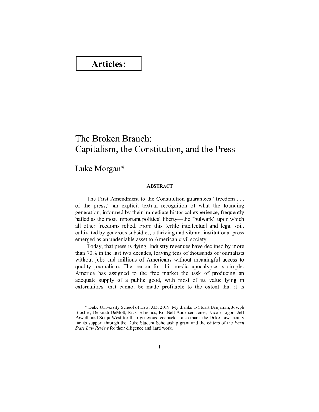 The Broken Branch: Capitalism, the Constitution, and the Press