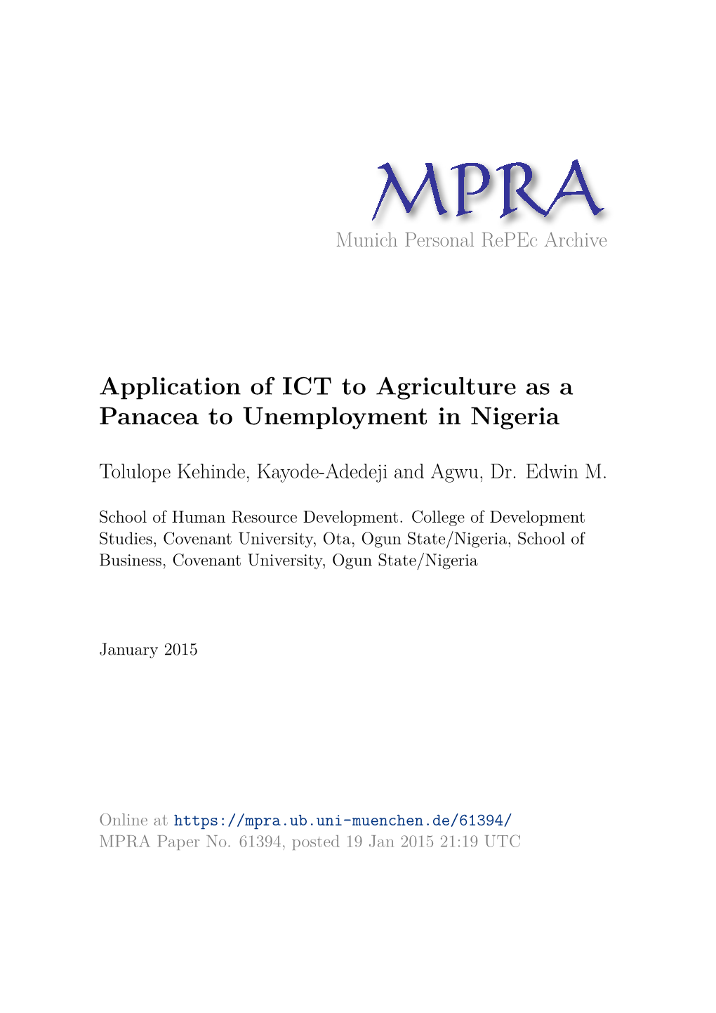 Application of ICT to Agriculture As a Panacea to Unemployment in Nigeria