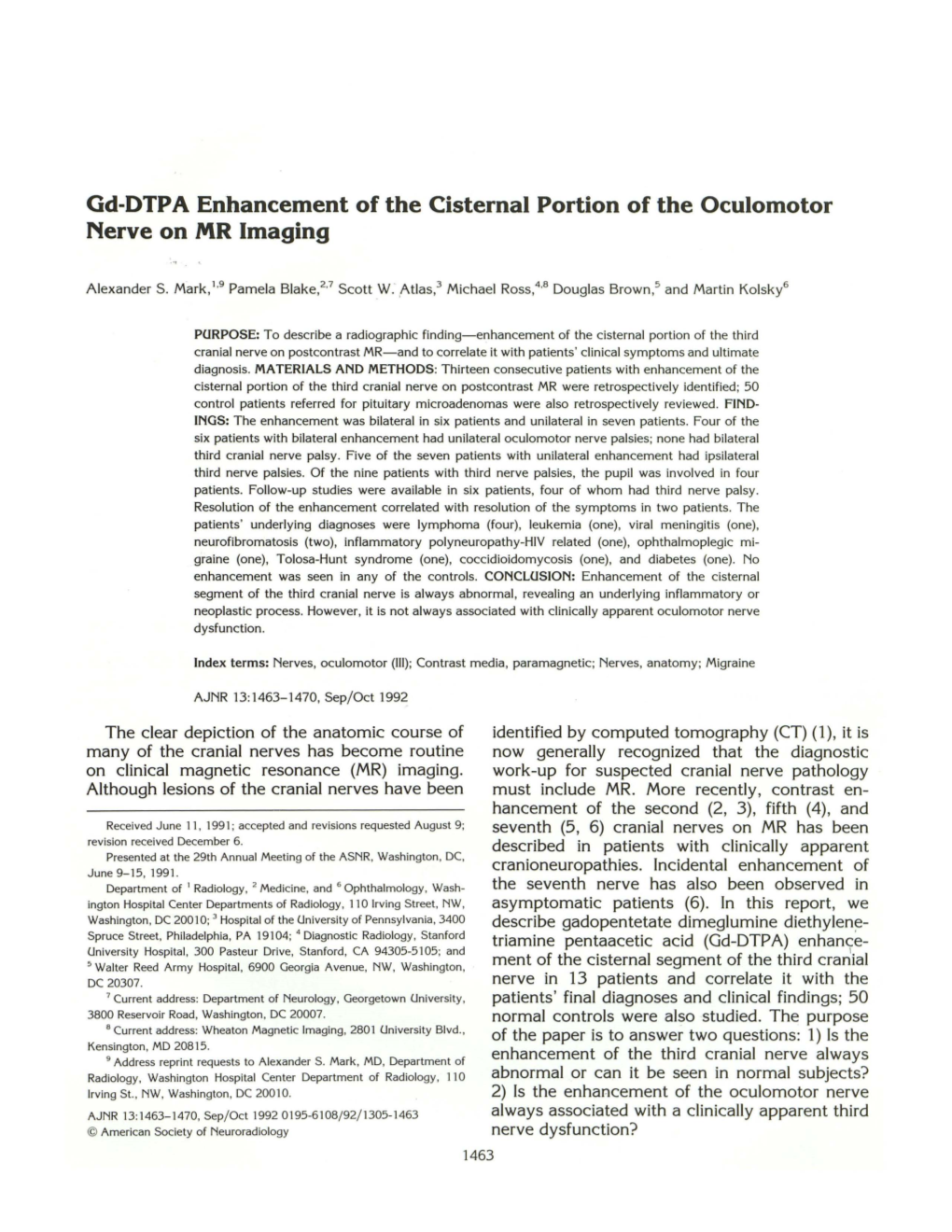 Gd-DTPA Enhancement of the Cisternal Portion of the Oculomotor Nerve on MR Imaging