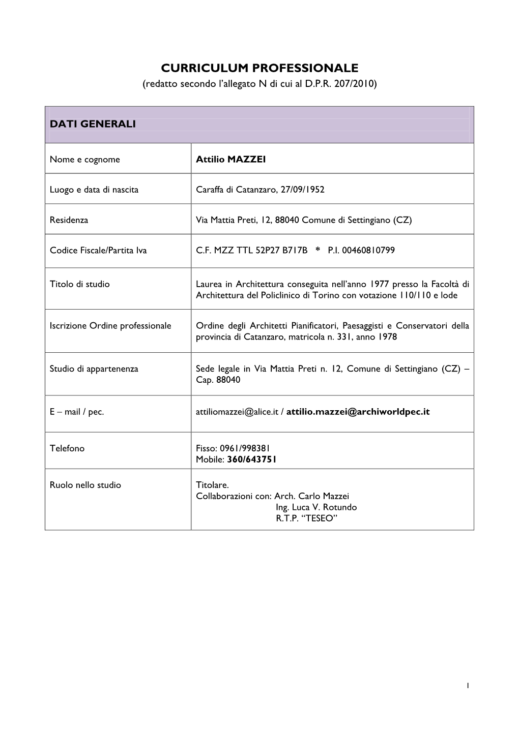 CURRICULUM PROFESSIONALE (Redatto Secondo L’Allegato N Di Cui Al D.P.R