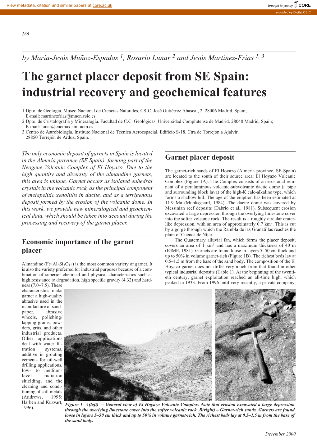 The Garnet Placer Deposit from SE Spain: Industrial Recovery and Geochemical Features