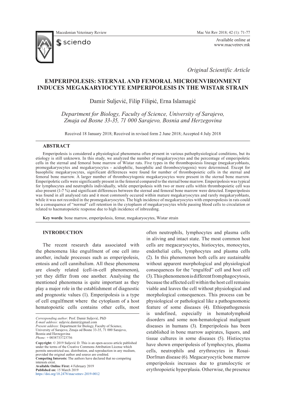 Original Scientific Article EMPERIPOLESIS: STERNAL and FEMORAL MICROENVIRONMENT INDUCES MEGAKARYIOCYTE EMPERIPOLESIS in the WISTAR STRAIN