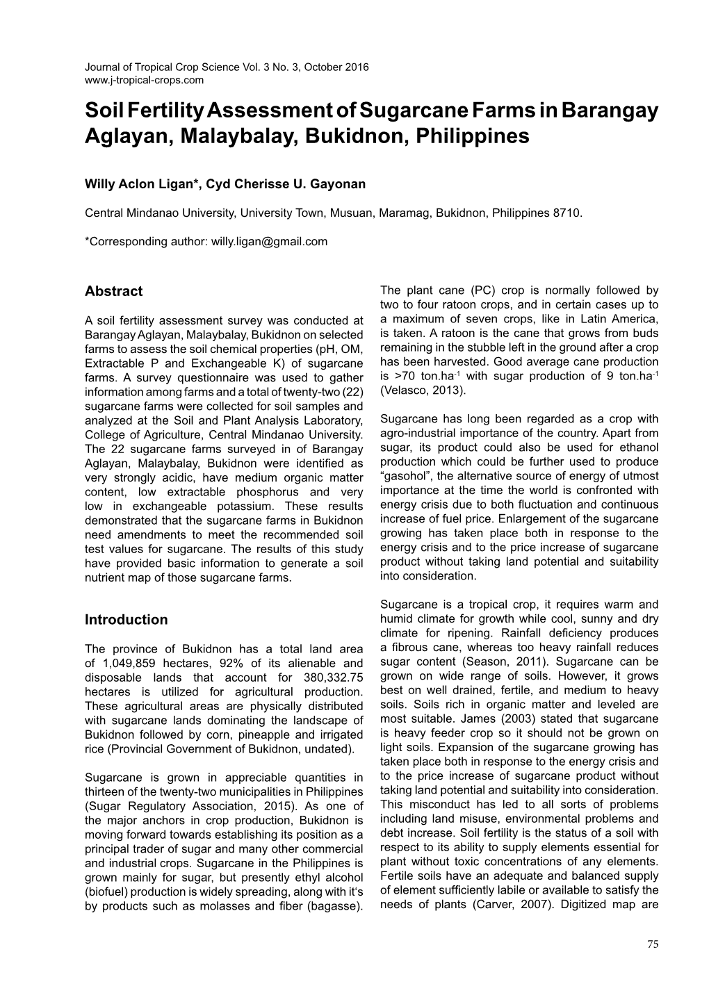 Soil Fertility Assessment of Sugarcane Farms in Barangay Aglayan, Malaybalay, Bukidnon, Philippines