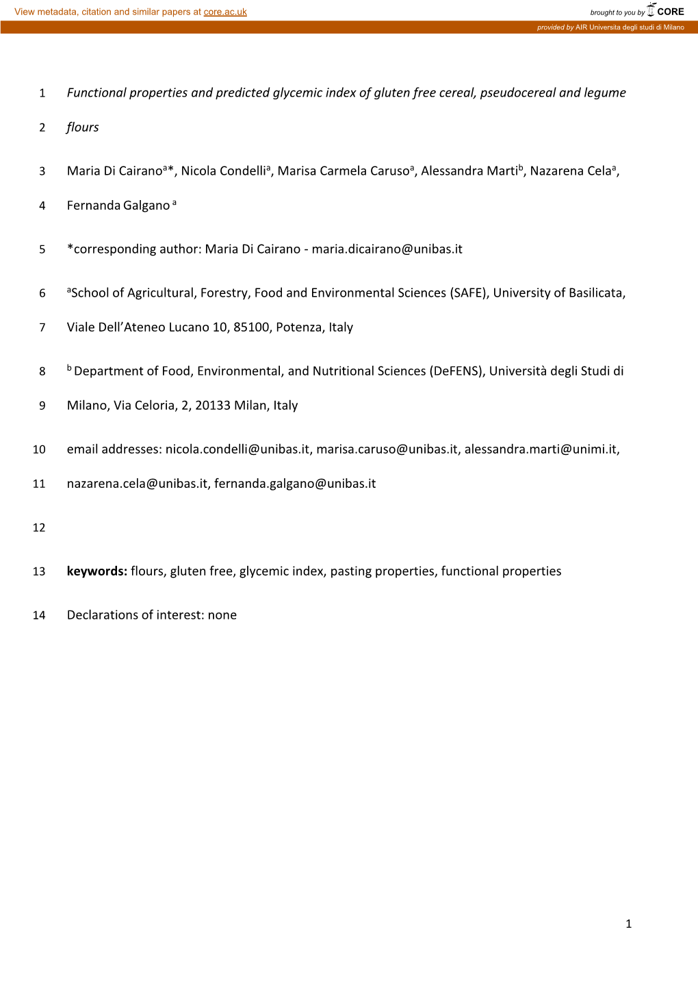 Functional Properties and Predicted Glycemic Index of Gluten Free Cereal, Pseudocereal and Legume