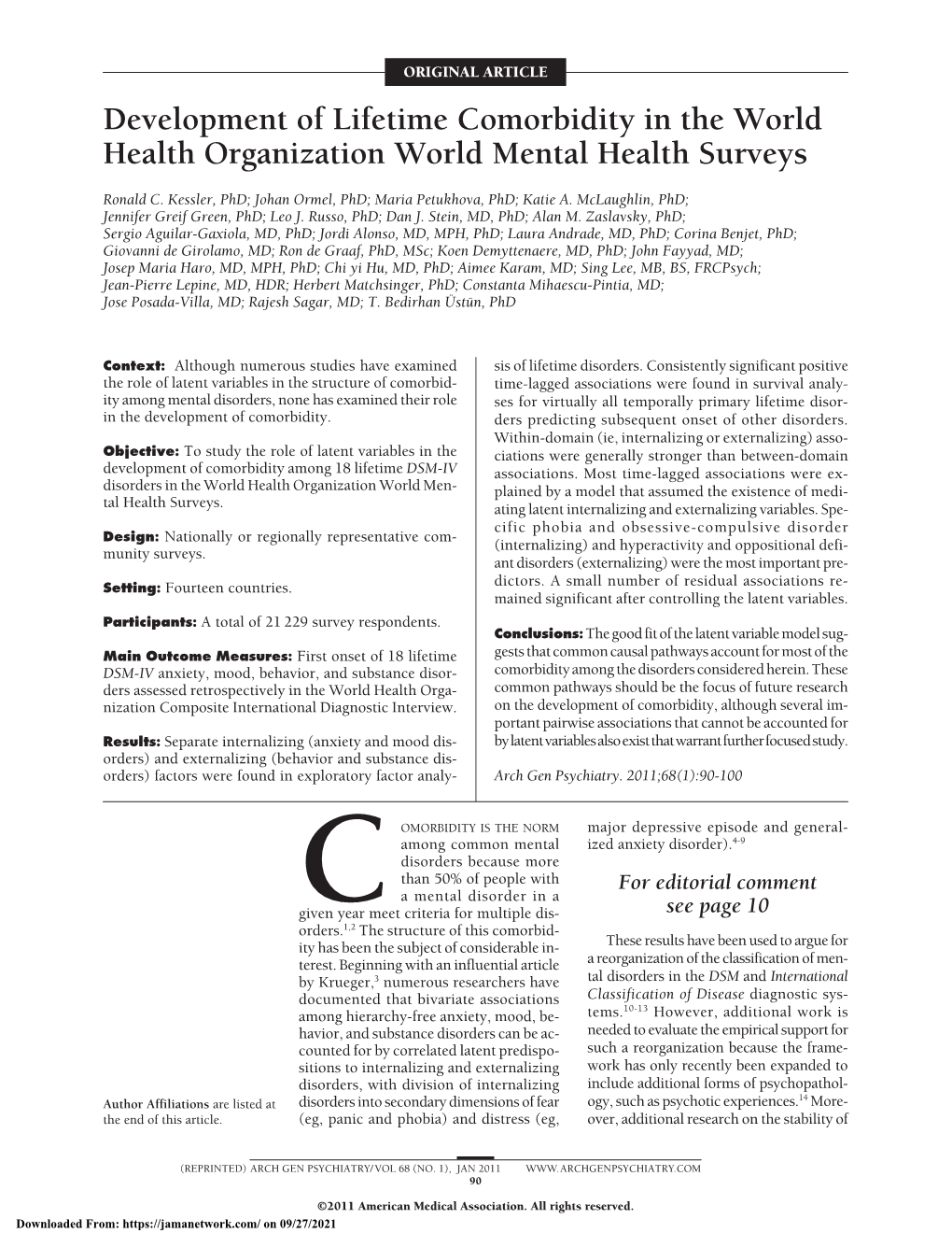 Development of Lifetime Comorbidity in the World Health Organization World Mental Health Surveys