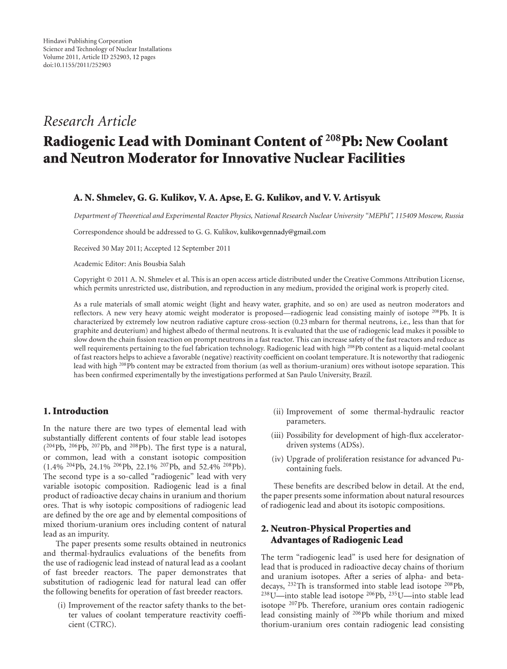 Research Article Radiogenic Lead with Dominant Content of 208Pb: New Coolant and Neutron Moderator for Innovative Nuclear Facilities