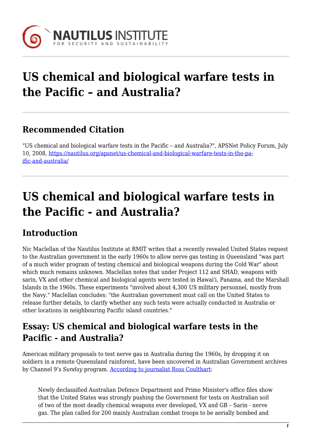 And Australia? US Chemical and Biological Warfare Tests in the Pacif