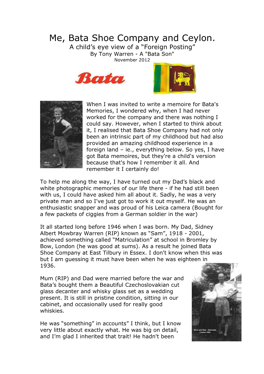 Me, Bata Shoe Company and Ceylon. a Child’S Eye View of a “Foreign Posting” by Tony Warren - a 